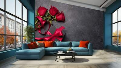 Valentines day card with gift box and rose flowers Wall mural