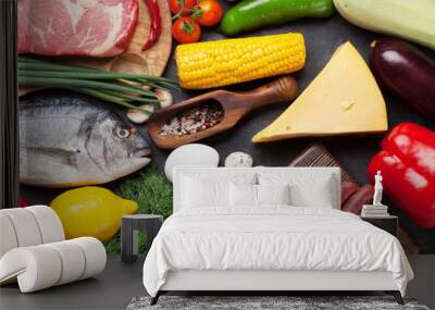 Vegetables, fish, meat and ingredients cooking Wall mural