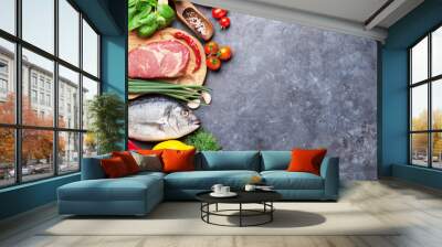 Vegetables, fish, meat and ingredients cooking Wall mural