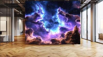 A stunning digital artwork of a nebula in deep space, featuring swirling clouds and vibrant colors illuminated by distant stars. This cosmic scene captures the beauty and mystery of the universe. Wall mural