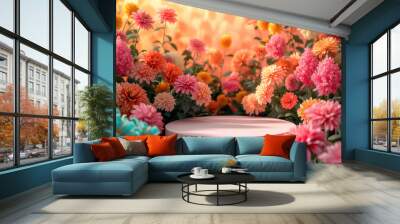 empty podium with colorful flowers Wall mural