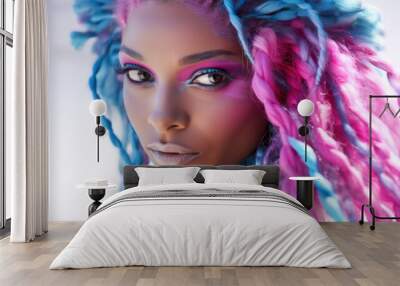 woman with wild rasta colorful pink and blue hair Wall mural