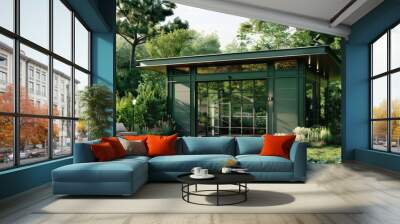 A contemporary white backyard shed with a flat roof, large doors, and surrounded by greenery Wall mural