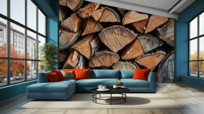 A pile of sawed firewood for heating in winter stockpile of firewood during the energy crisis. Wall mural