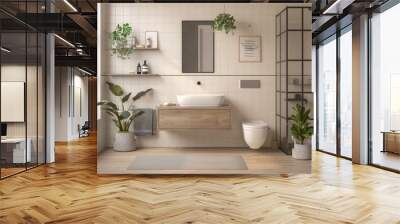 A tastefully decorated modern bathroom with a large mirror, toilet Wall mural