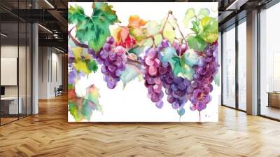 A watercolor illustration featuring various clusters of grapes with leaves Wall mural