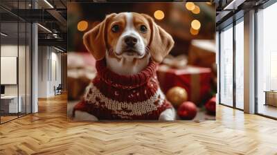 Adorable beagle dog wearing christmas outfit posing by the christmas tree Wall mural