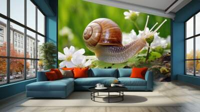 Big snail in shell crawling in the garden. Wall mural