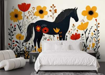 Black horse walking in floral decoration illustration Wall mural