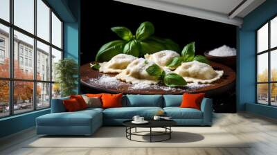 Board with raw ravioli on dark wooden background Wall mural