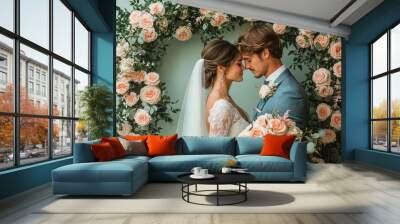 Bride and groom embracing under floral heart shaped arch Wall mural