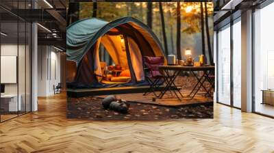 Camping picnic tent campground in outdoor hiking forest. Generative AI Wall mural