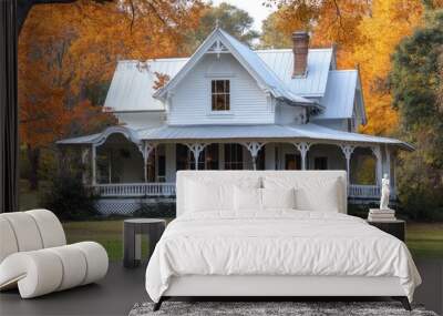 Classic american farmhouse decorated for halloween with pumpkins on the porch Wall mural