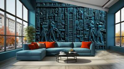 Dark blue colored prehistoric egyptian texts, drawings and hieroglyphs inside a pyramid. Background and texture Wall mural