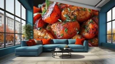 Delicious roasted red bell pepper slices garnished with fresh herbs in cast iron pan Wall mural