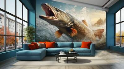 Fishing. Big pike fish jumping with splashing in water. Wall mural