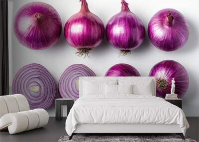 Fresh red onions arranged on white background showing various sizes Wall mural