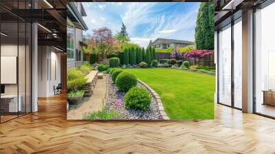 Front yard, landscape design with multicolored shrubs intersecting with bright green lawns behind the house is a modern Wall mural