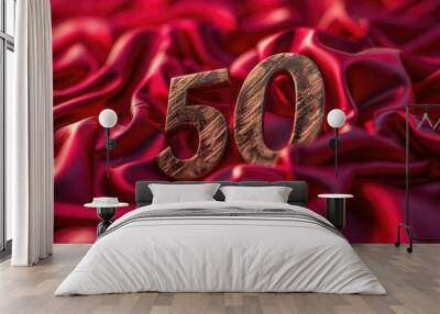 Golden number 50on red background for celebration Wall mural