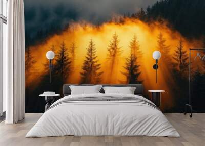 Golden sunrise illuminating foggy mountain forest landscape Wall mural