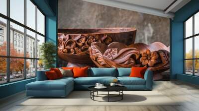 Handcrafted wooden bowls on a table Wall mural