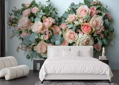 Heart shaped bouquet of pink roses and eucalyptus lying on white background Wall mural