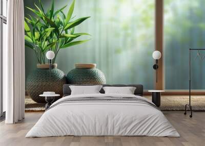 Interior design featuring bamboo plants in decorative vases on table near window Wall mural