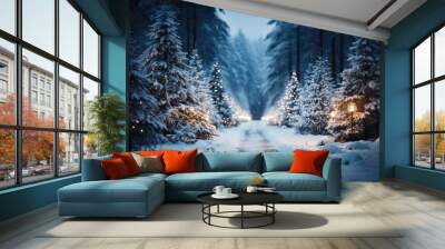 Mystical atmosphere of winter forest. Generative AI Wall mural