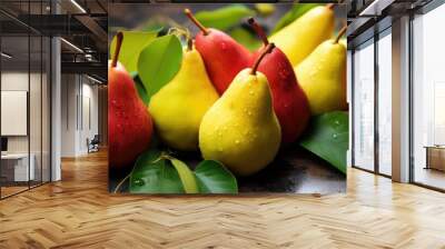 Ripe wet pears lying in a pile with green leaves. Harvesting, autumn. Wall mural