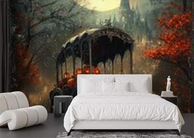 Scary halloween pumpkin carriage under full moon waiting in a spooky forest Wall mural