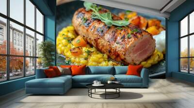 Seared pork tenderloin served on saffron risotto with roasted pumpkin and yogurt sauce Wall mural