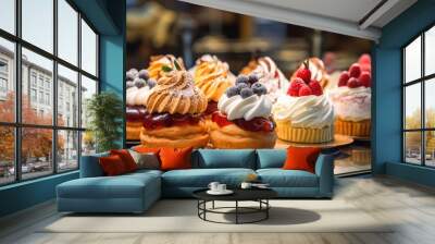 Small cakes on display at the patisserie counter. Wall mural