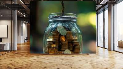 Small tree growing from coins in glass jar symbolizing investment Wall mural