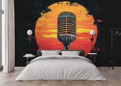 T-shirt design, cartoon style of a microphone in a sunset retro circle background Wall mural