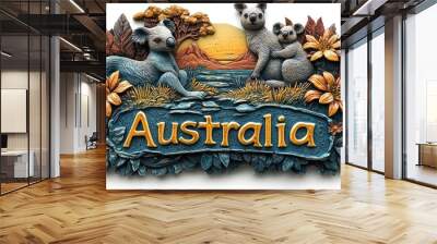 Three koalas relaxing on a colorful australian sign at sunset Wall mural