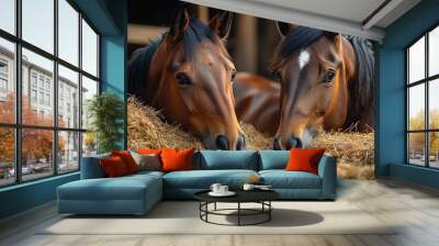 Two beautiful brown horses eating hay in the stable Wall mural