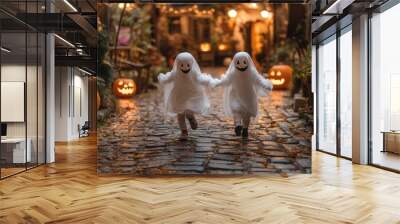 Two happy children wearing ghost costumes running on a cobblestone street on halloween night Wall mural