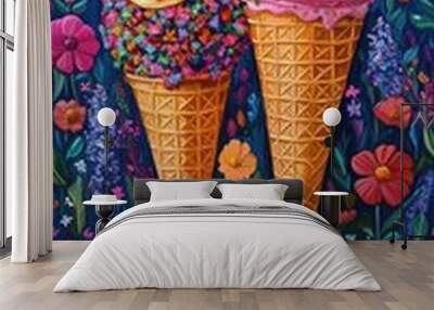 Two ice cream cones standing in field of colorful flowers Wall mural