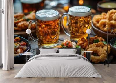 Two mugs of beer surrounded by mexican food and appetizers on wooden table Wall mural