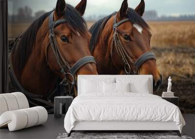 Two powerful brown horses wearing harnesses standing on farm Wall mural