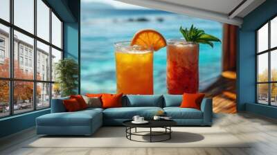 Two tropical cocktails resting on a wooden bar overlooking the ocean Wall mural