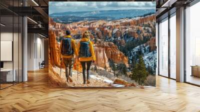 Two young women hiking in bryce canyon national park, utah Wall mural