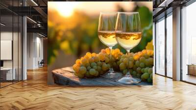 White wine reflecting the golden sunset in a vineyard Wall mural