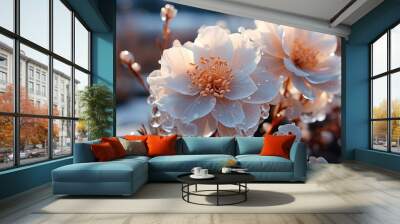 Winter scenery with frosty ice flowers, snow, and crystals Wall mural