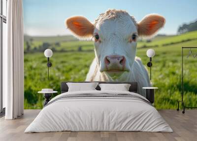 Young cow standing in green field on farm Wall mural