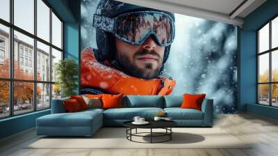 Young man wearing ski goggles standing in a snowy forest Wall mural