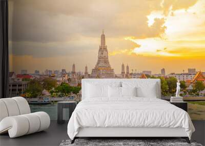 Wat Arun panorama view at sunset, A Buddhist temple in Bangkok, Thailand, Wat Arun is one of the most well known of Thailand's landmarks Wall mural