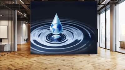 World map inside waterdrop over water ripple in dark background, Last drop of water of our world, water saving day concept Wall mural