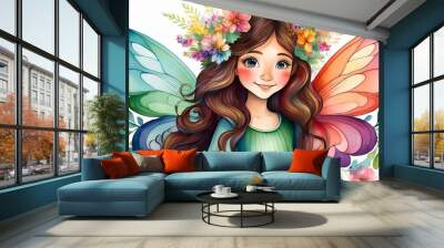 Fairy and Flowers watercolor illustration for girls Wall mural