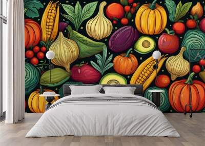 Hand drawn vegetables and fruits patterned background illustration Wall mural